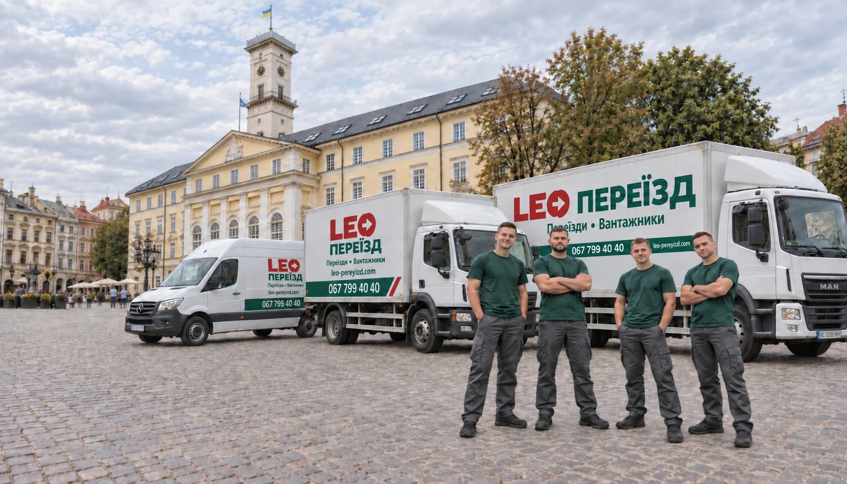 Фірмова ілюстрація LEO: команда та три автомобілі на площі Ринок біля львівської Ратуші